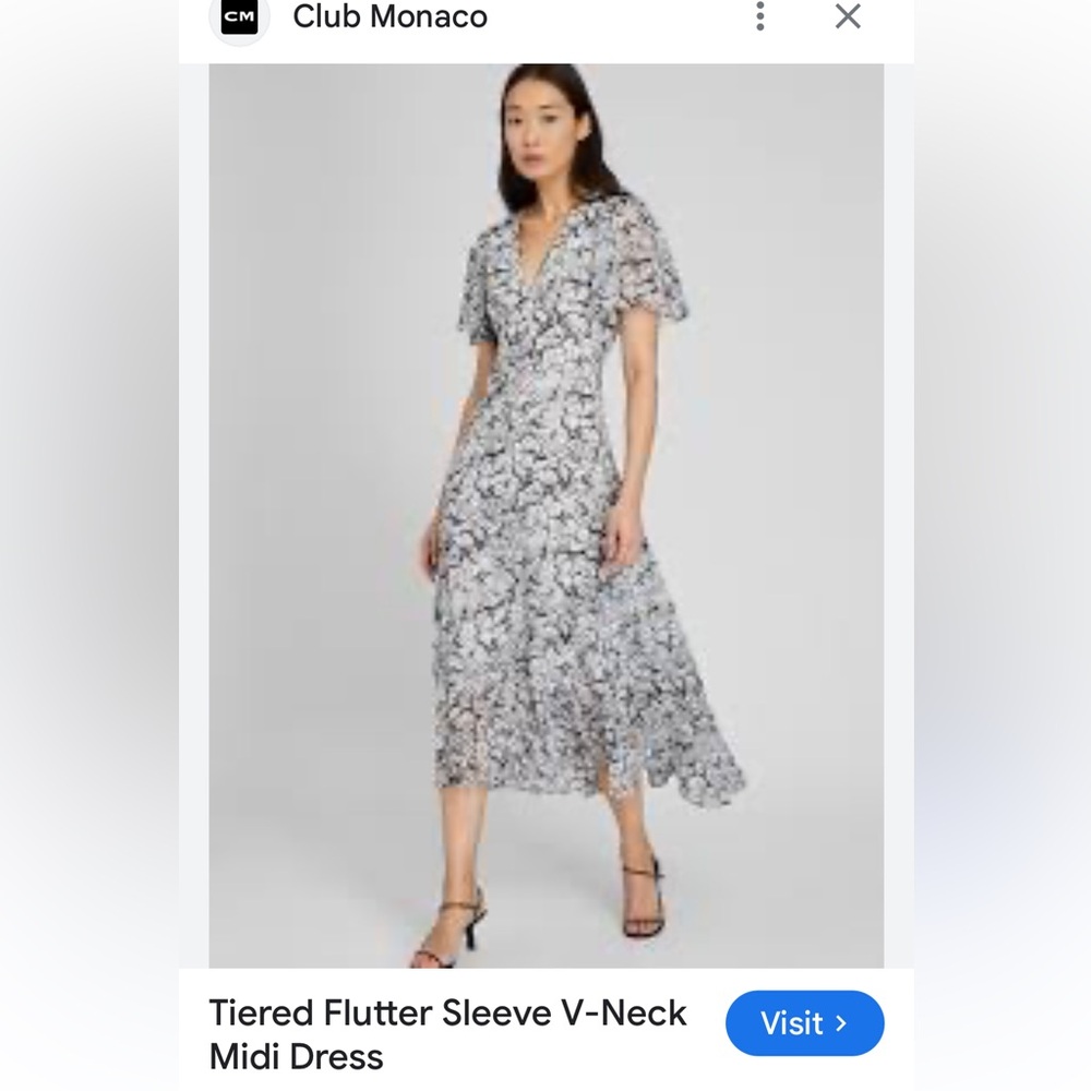 Club Monaco Black and White Tiered Flutter Sleeve V-Neck Midi Dress- worn 4x